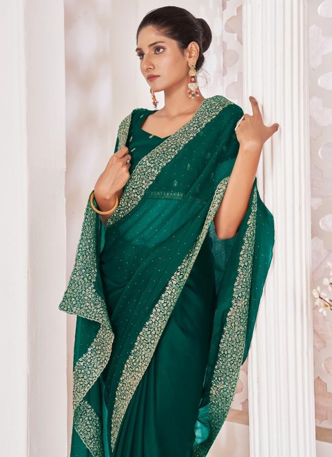 Chiffon Rama Wedding Wear Swarovski Work Saree